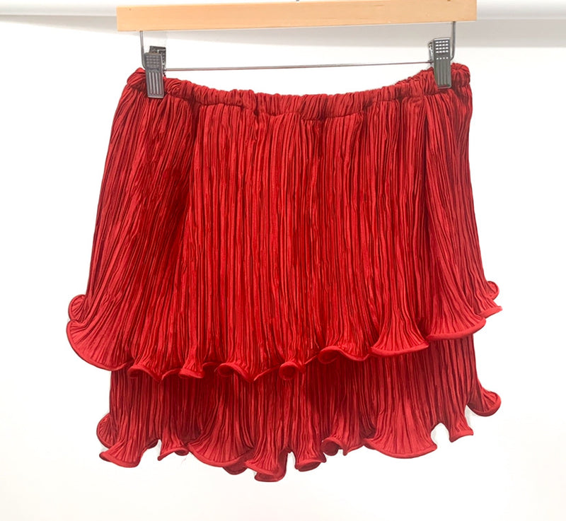 Upcycled Red Plissé Top & Skirt Set