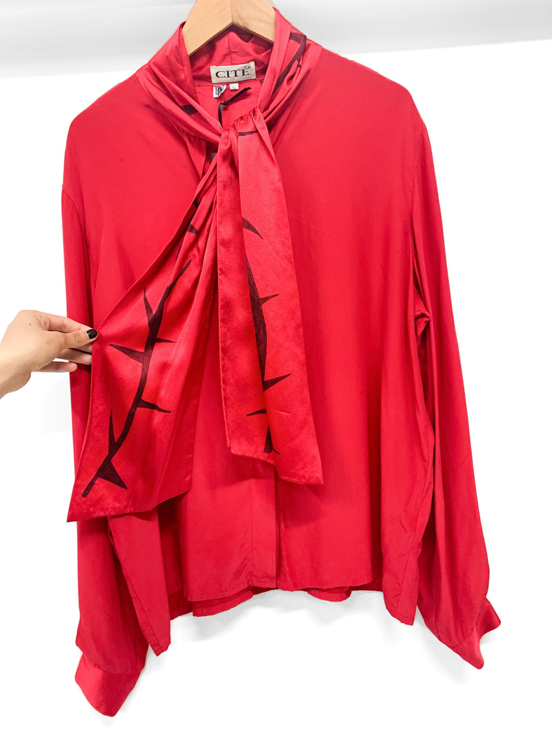 1980s Hand-Inked Red Silk Blouse with Tie