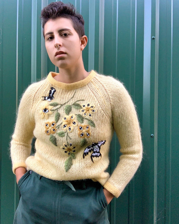 Upcycled 1960s Sweater with Swallows and Flowers