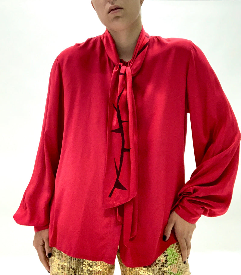 1980s Hand-Inked Red Silk Blouse with Tie
