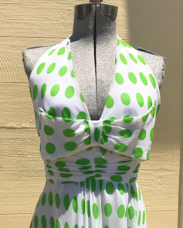 1950's White and Green Polka Dot Chiffon Dress