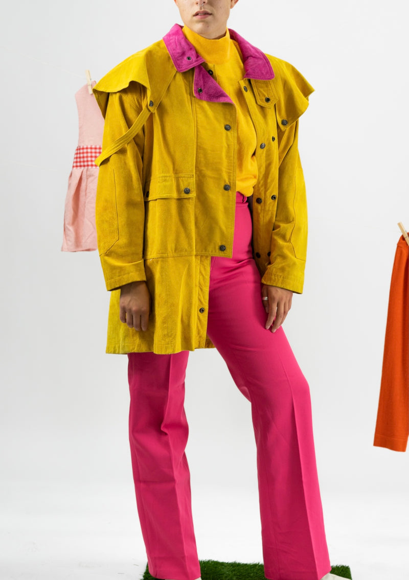 1980's Yellow Suede Coat with Capelet