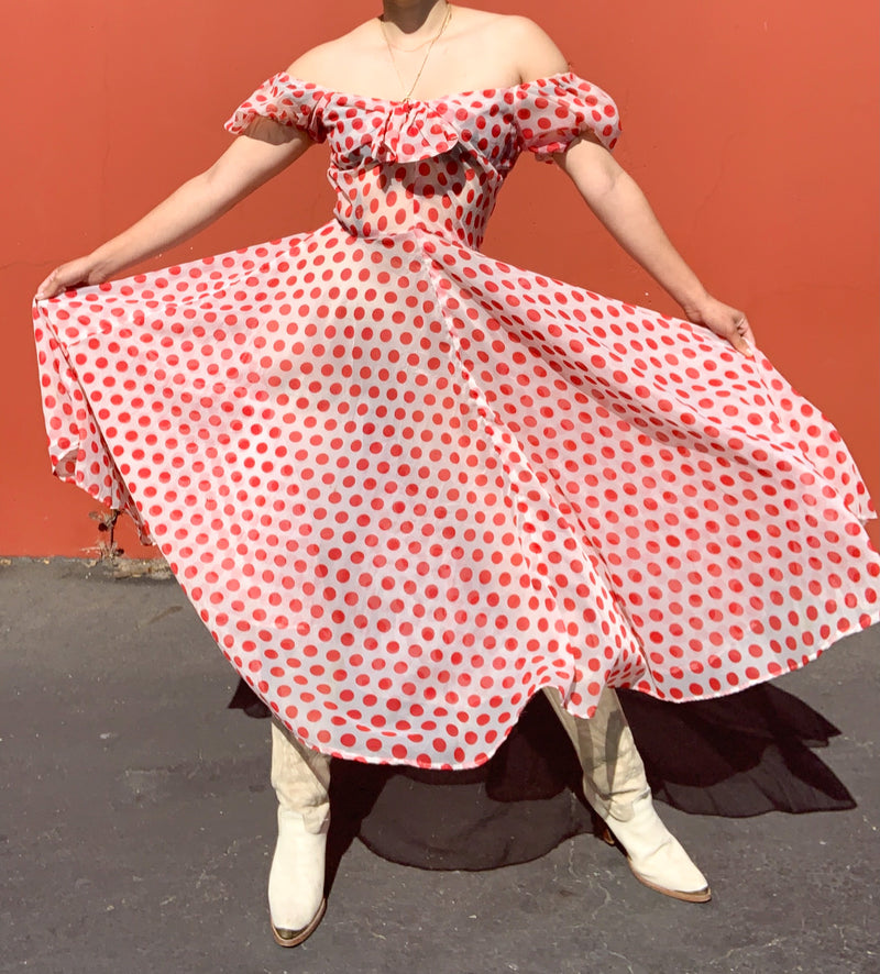1950s Sheer Red and White Polka Dot Dress