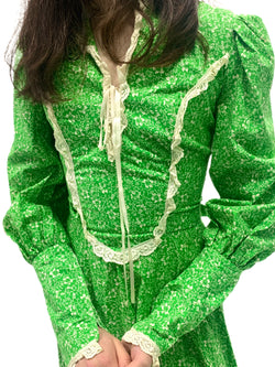 1970's Green Floral Prairie Dress