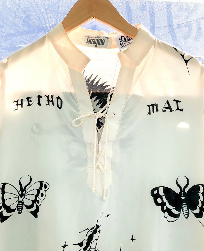 Hand-Inked Silk I.Magnin Lace-Up Shirt